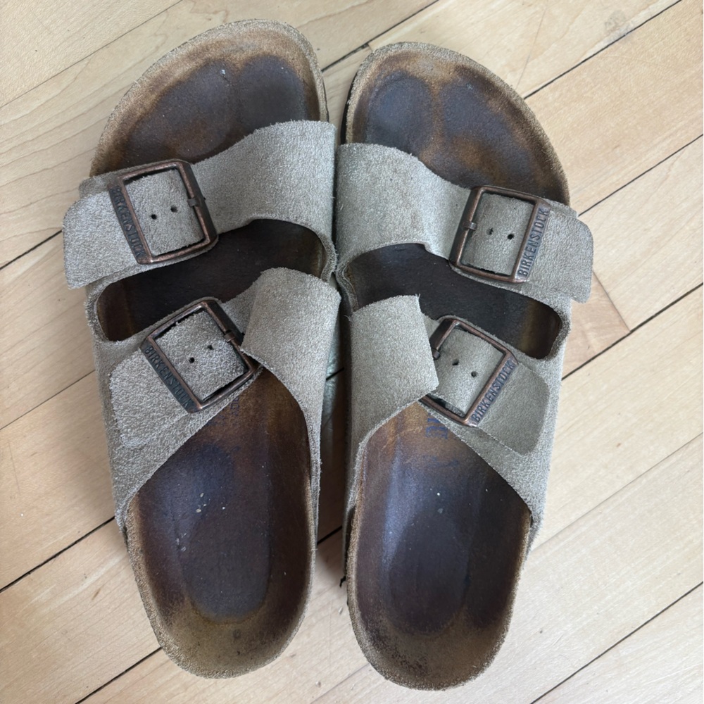 Birkenstock Arizona Suede Double Strap Sandals in Light Brown